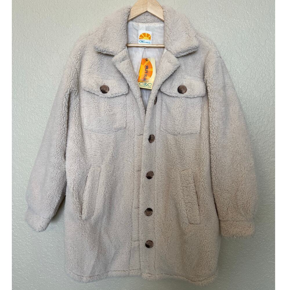 NEW C&C California Women's Beige Faux Fur Sherpa Jacket Shacket Medium Oversized